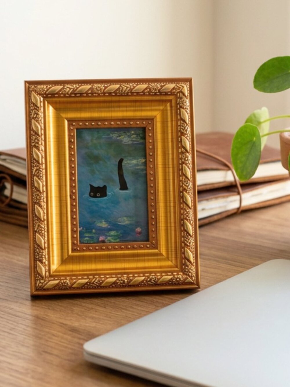 Handmade Mini Framed Print - Monet Water Lilies Black Cat 4.75x3.75"